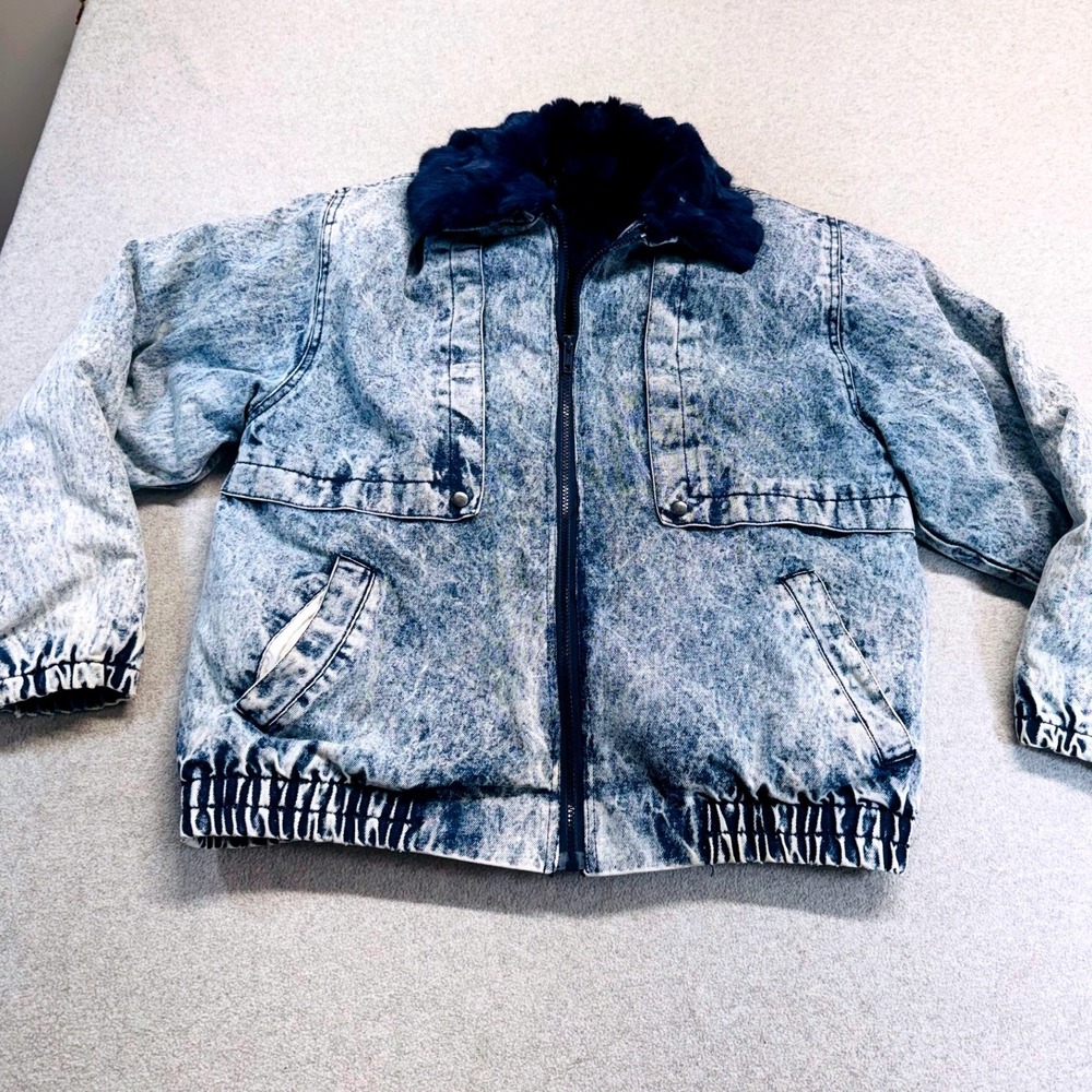 Vintage 90s Greg Bell Acid Wash Denim Jacket Men XL Rabbit Fur Lined Bomber Cozy